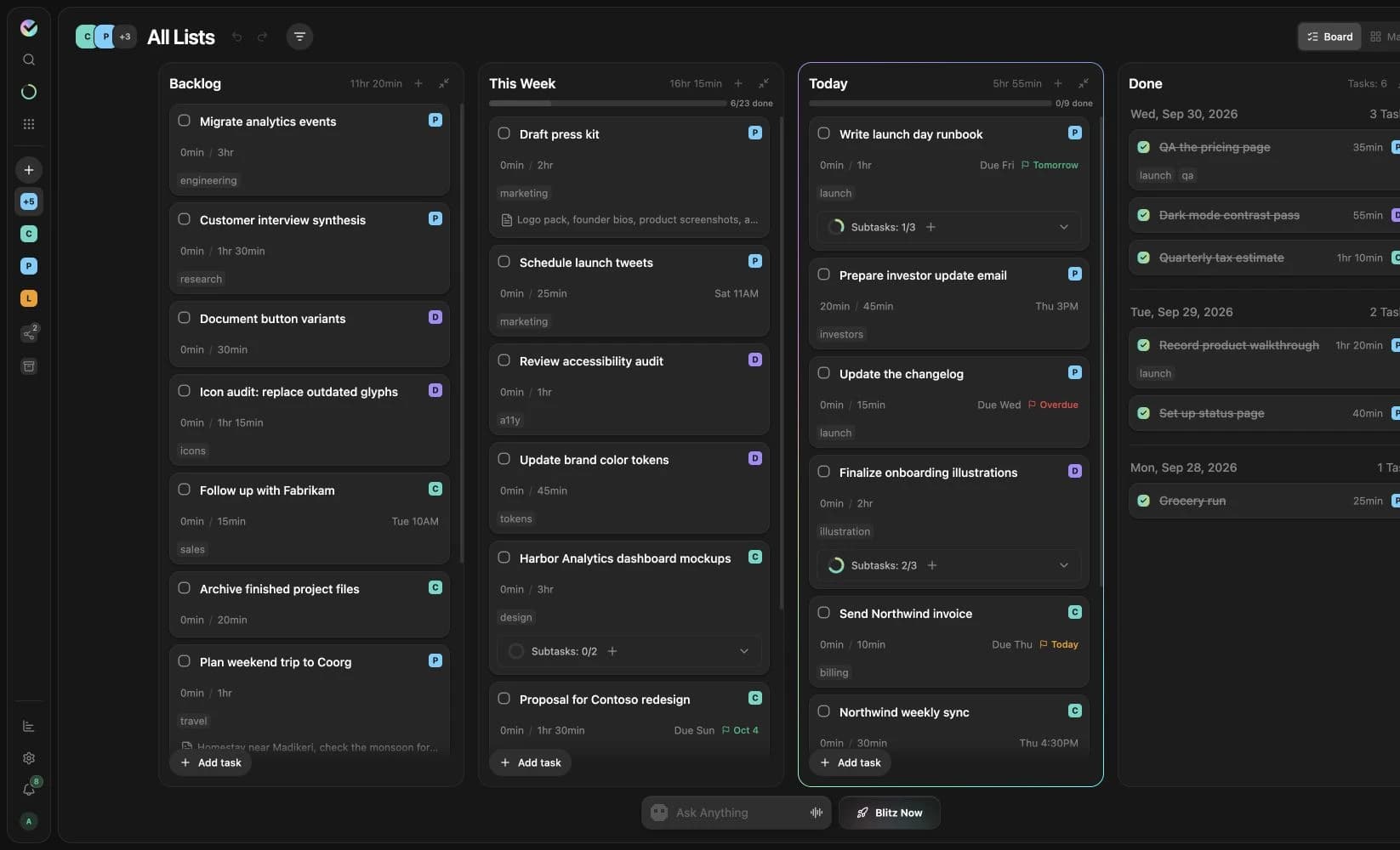 Blitzit 3.0 task board with sample tasks