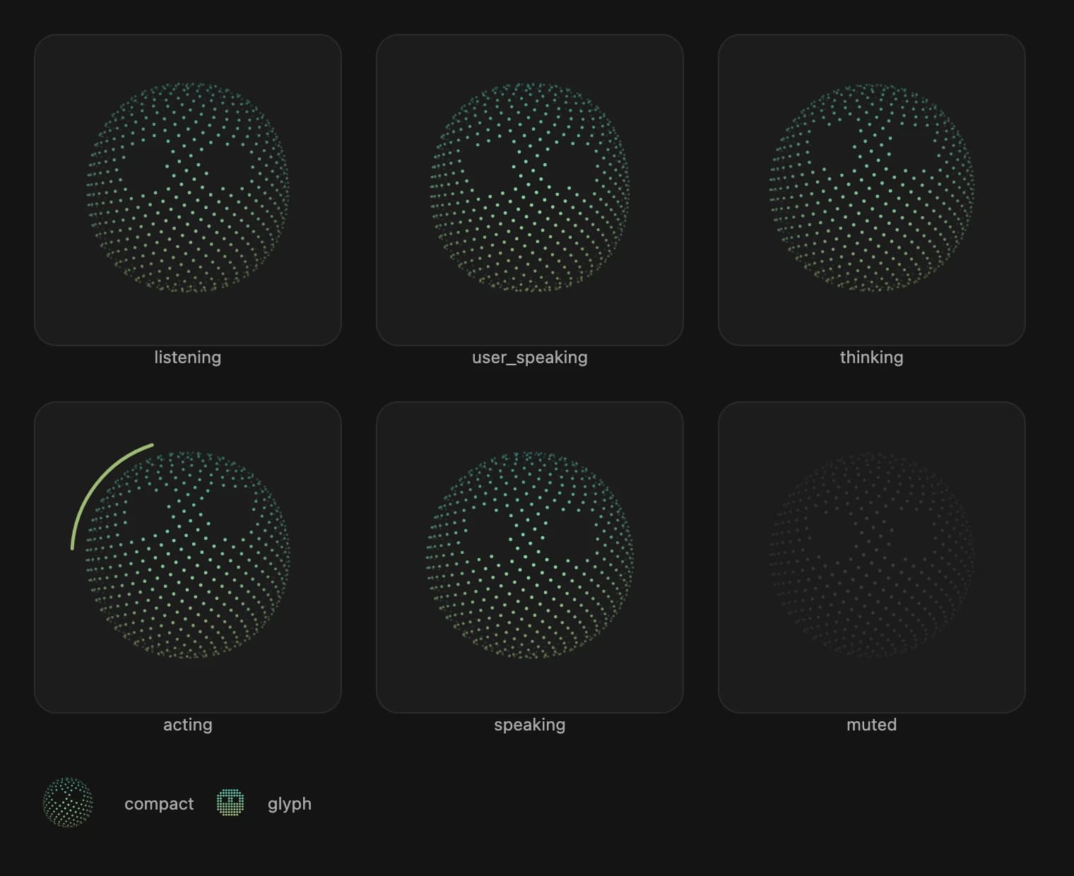 Blitzy orb design study showing listening, speaking, thinking, acting and muted states