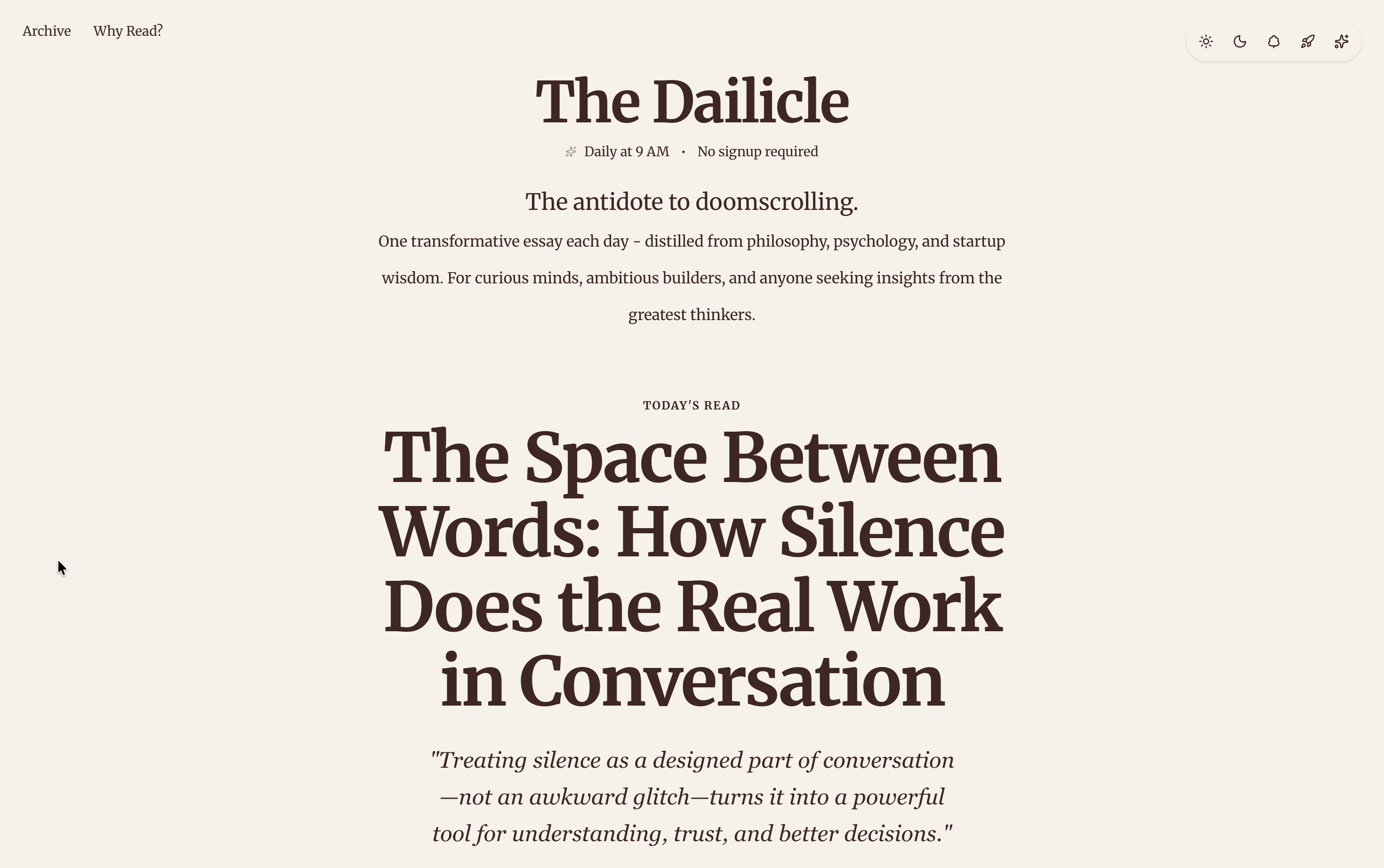Dailicle — One essay per day. No feed. No algorithm.
